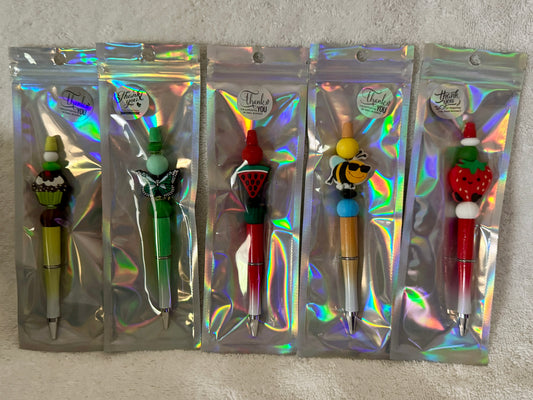 Lot of 4 Summer Fun Theme Beaded Ink Pens Black Ink Refillable - (1 Free Refill each)